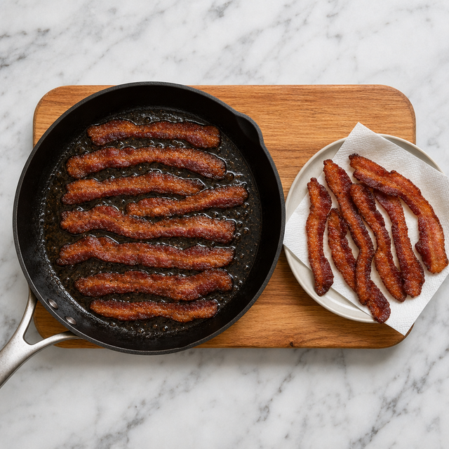 Bacon cooking until crisp and golden in a skillet