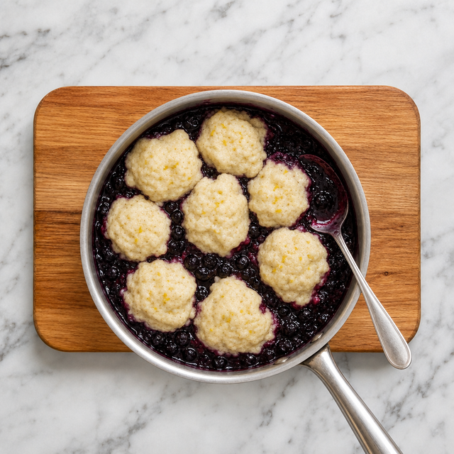 Puffed dumplings finished over thick blueberry sauce