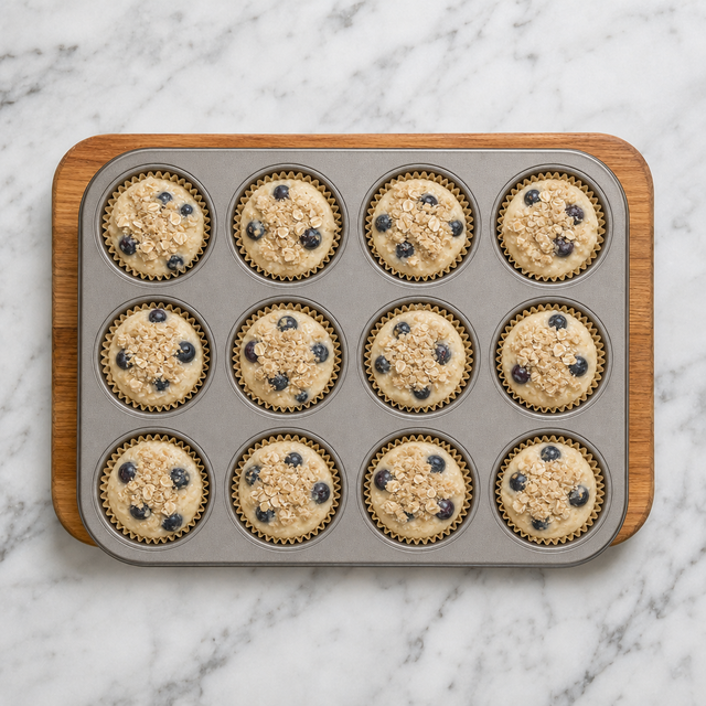 Muffin batter portioned into a tin with oat topping