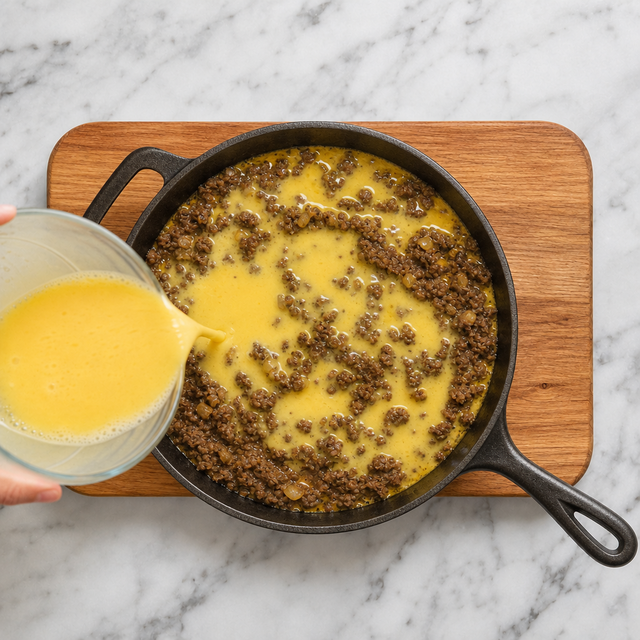 Egg custard poured over bobotie mince
