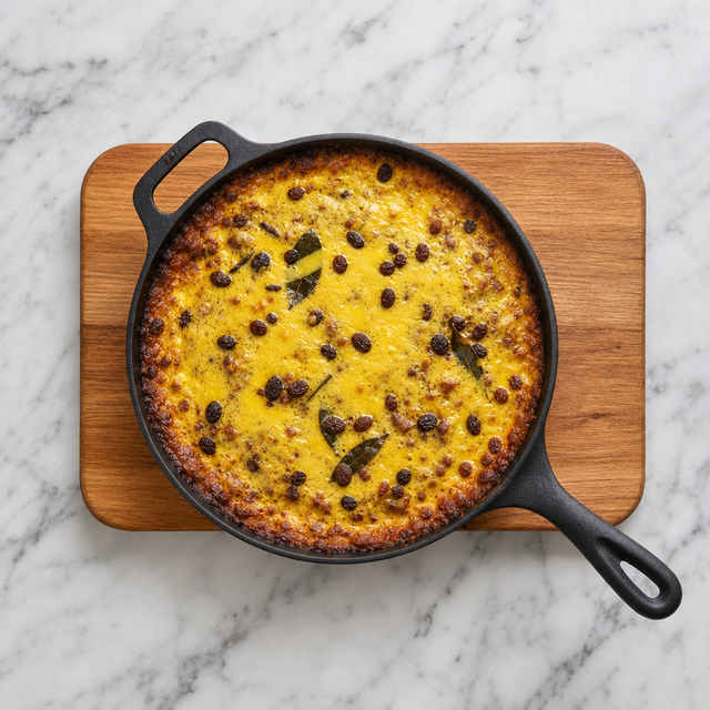 Bobotie with a golden set custard topping fresh from the oven