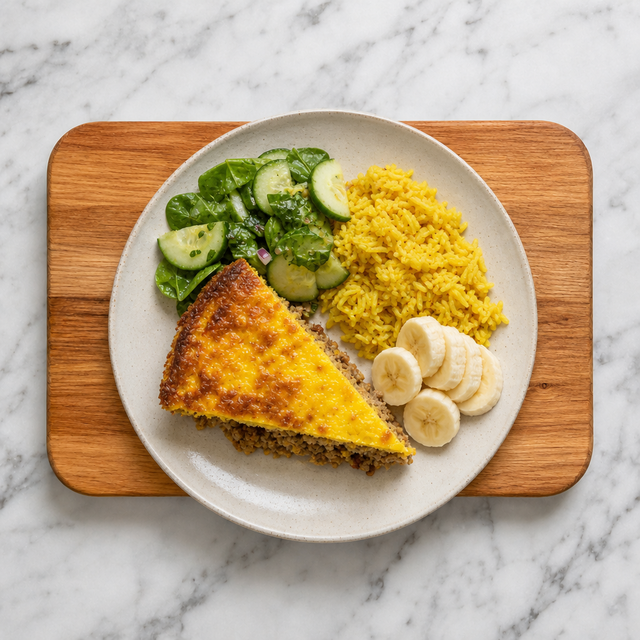 A serving of bobotie with yellow rice and fresh salad