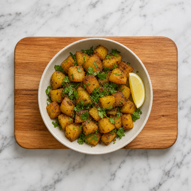 Bombay potatoes finished with cilantro and lemon