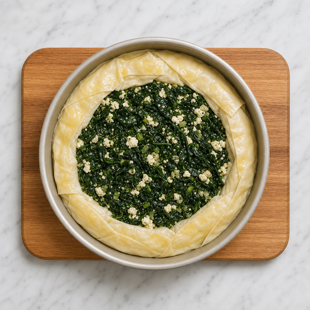 Spinach and feta filling layered between yufka sheets in a round pan