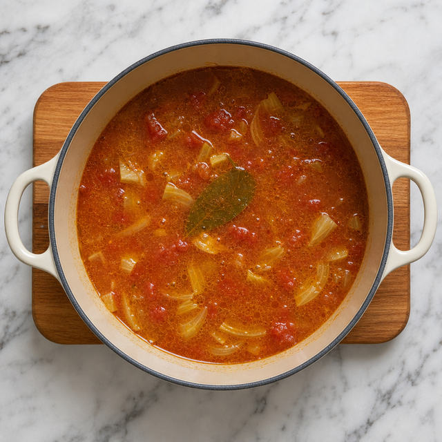 Saffron tomato broth simmering with fennel in a wide pot