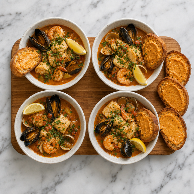 Bowls of bouillabaisse served with rouille toast and lemon