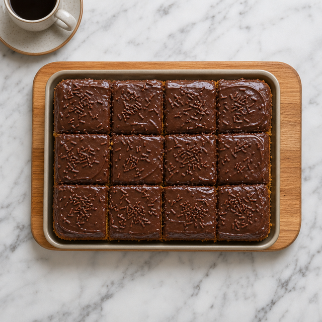Brazilian carrot cake squares with glossy chocolate glaze