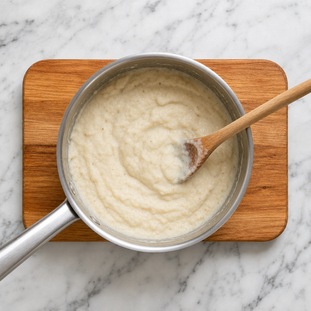 Creamy bread sauce reaching a thick spoonable texture