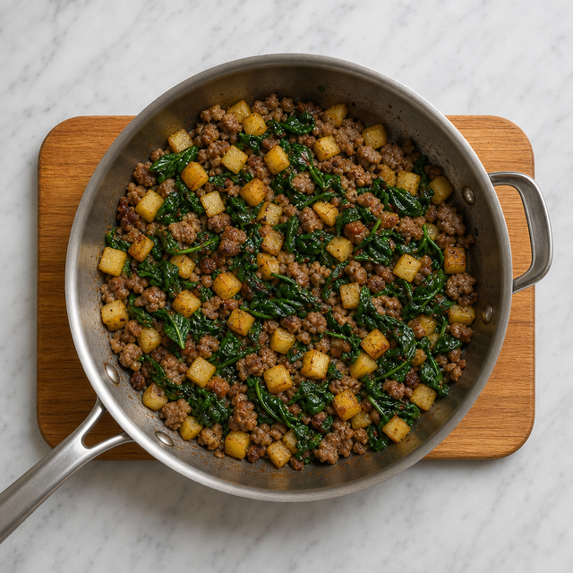 Sausage, browned potatoes, and wilted spinach in a skillet