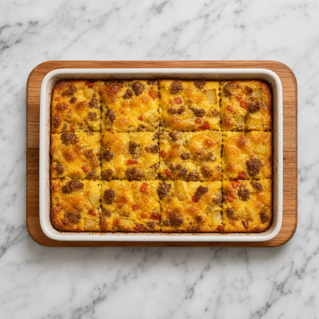 Golden sausage breakfast casserole fresh from the oven
