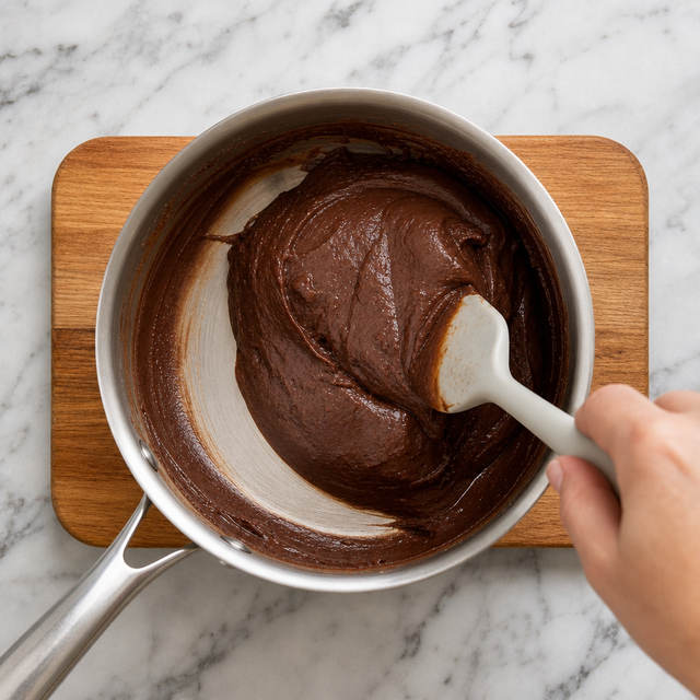Thick glossy brigadeiro mixture pulling cleanly from the bottom of a saucepan