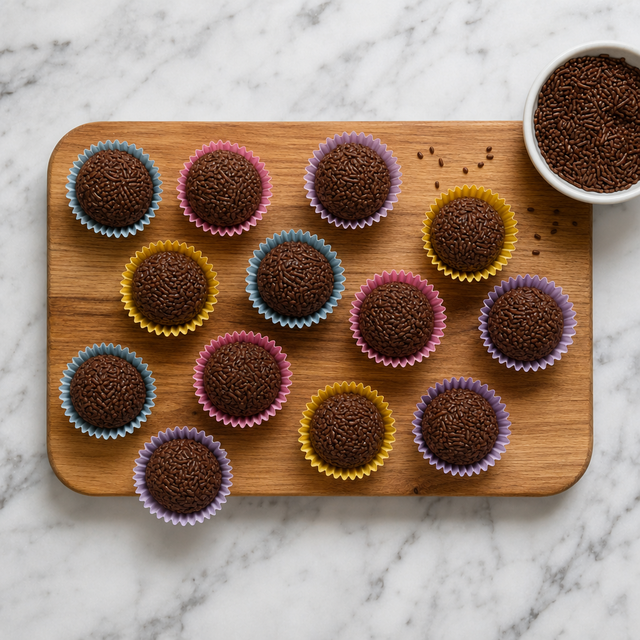 Chocolate brigadeiros coated in sprinkles and arranged in paper candy cups