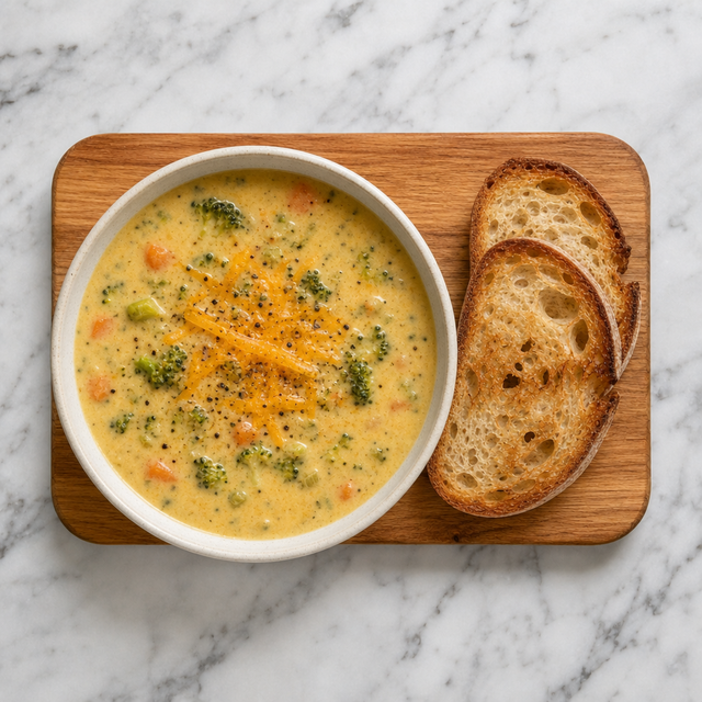 Creamy broccoli cheddar soup served with toasted sourdough