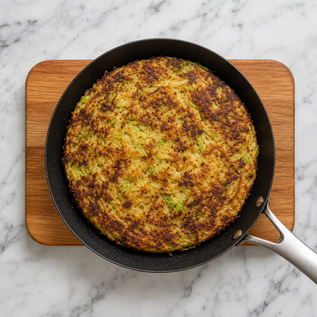 Bubble and squeak cake browning in a skillet