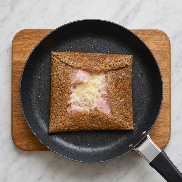 Buckwheat galette folded around ham and melting Gruyère cheese