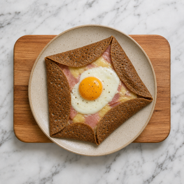 Finished buckwheat galette topped with ham, melted cheese, and fried egg