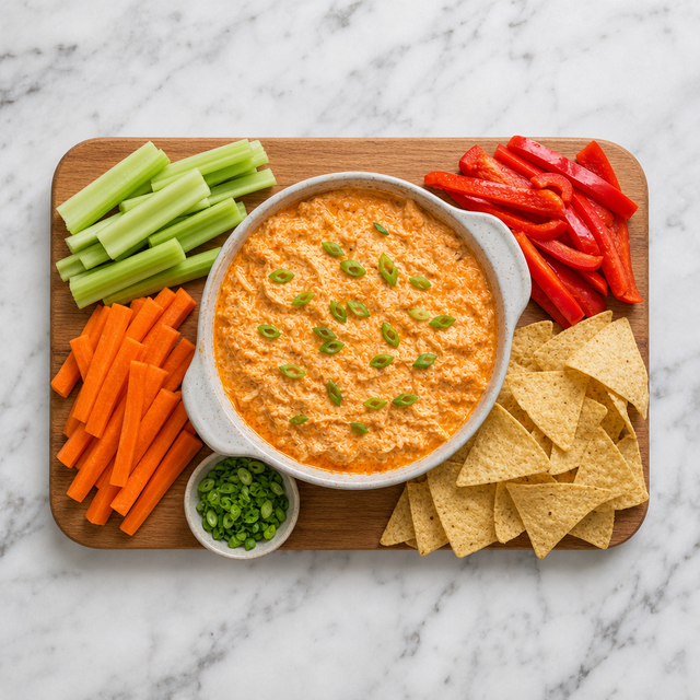 Warm Buffalo Chicken Dip served with vegetables and tortilla chips
