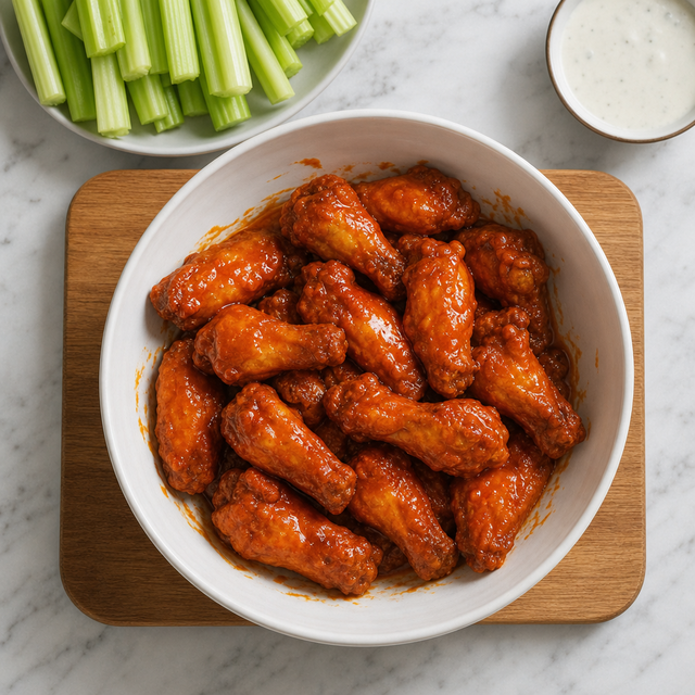 Crisp Buffalo chicken wings coated in glossy spicy sauce