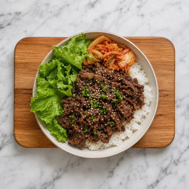 Bulgogi served over rice with scallions and sesame seeds.
