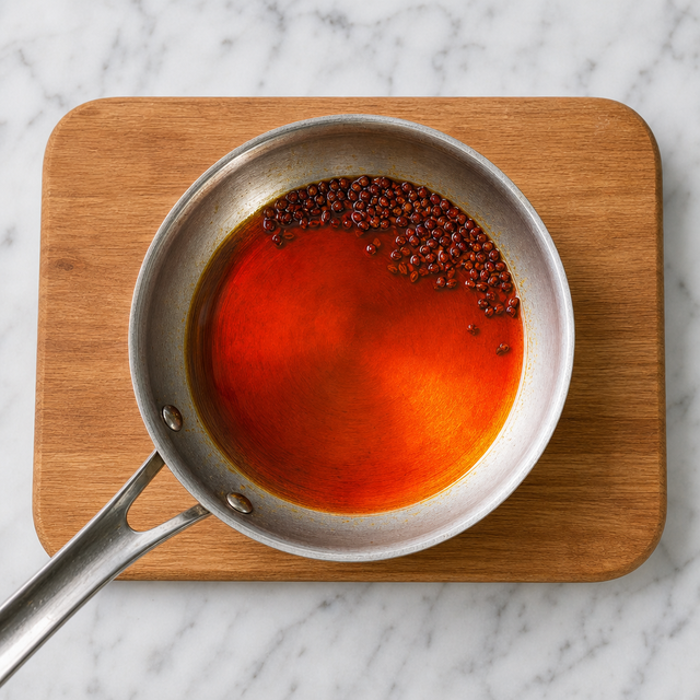 Vivid red-orange annatto oil being infused in a small skillet