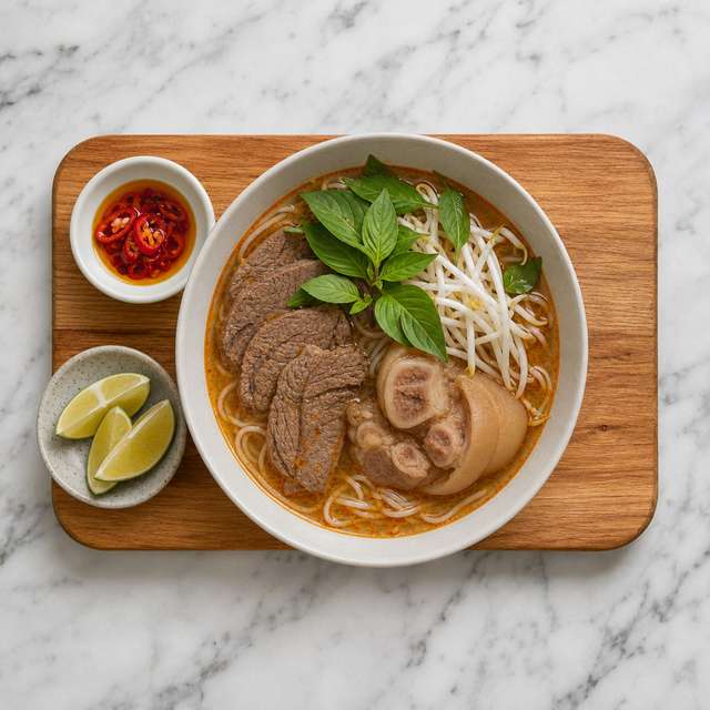 Finished Bún Bò Huế with rice noodles, tender beef, pork hock, herbs, sprouts, and lime