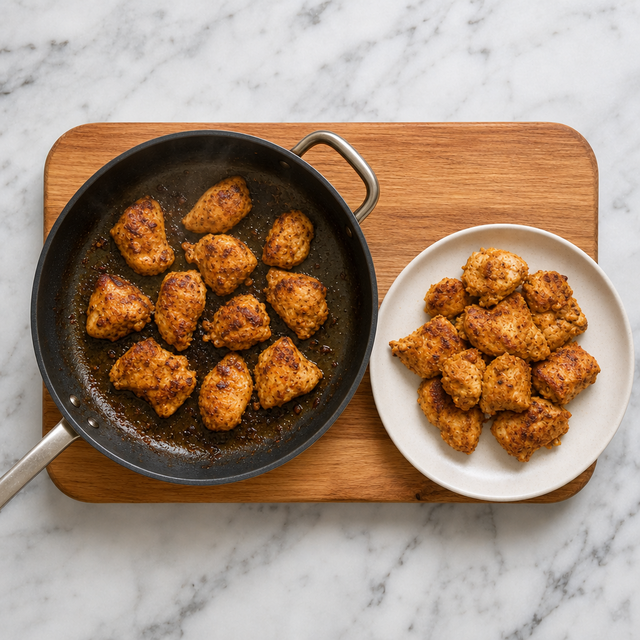 Chicken pieces seared golden-brown in a skillet