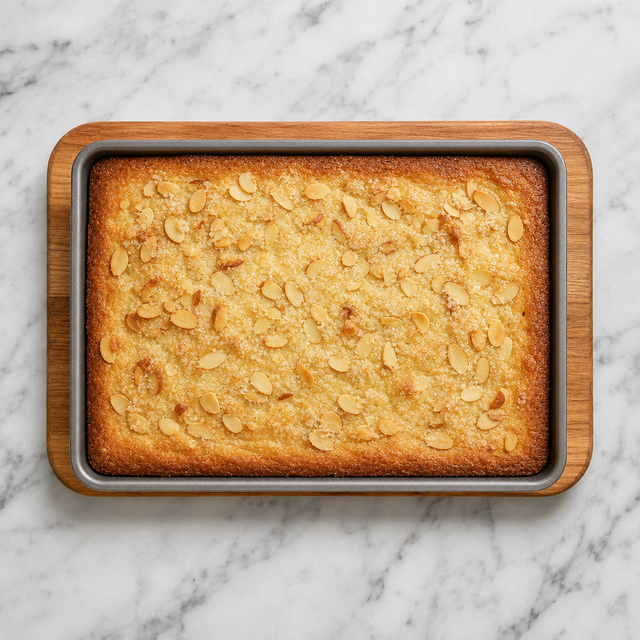 Golden Butter Sheet Cake with toasted almonds