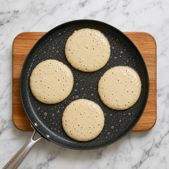 Buttermilk pancakes bubbling on a hot griddle before flipping