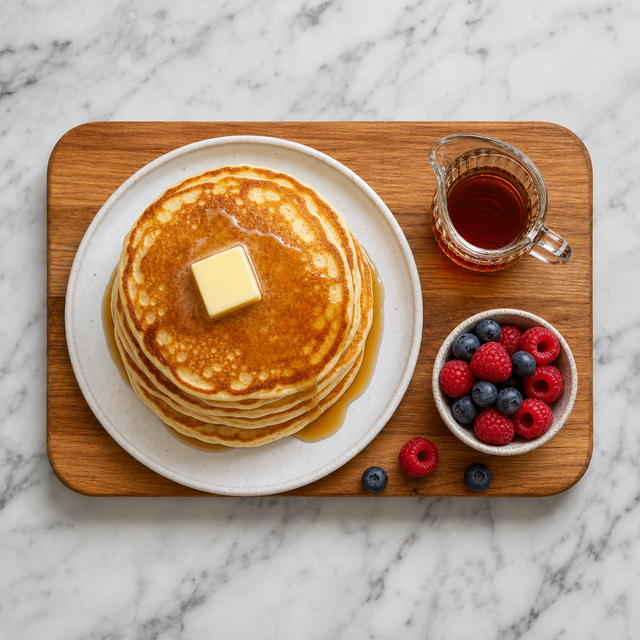 Stack of golden buttermilk pancakes with melting butter and maple syrup
