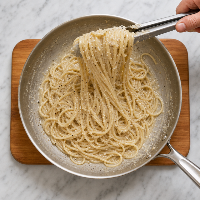 Glossy spaghetti coated in a smooth Pecorino and black pepper sauce