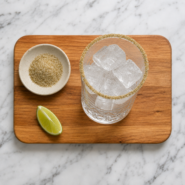 A celery-salt-rimmed glass filled with ice for a Caesar cocktail.