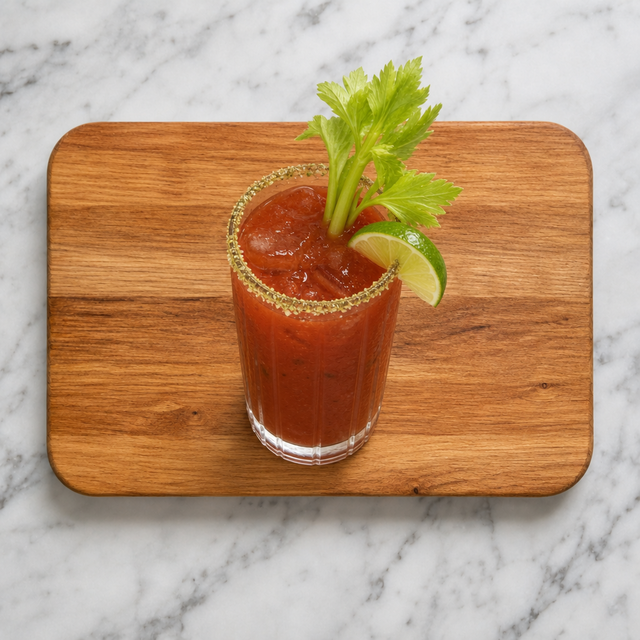 A finished Caesar cocktail with Clamato juice, lime, celery, and a celery-salt rim.