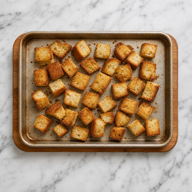 Golden garlic croutons cooling on a baking sheet