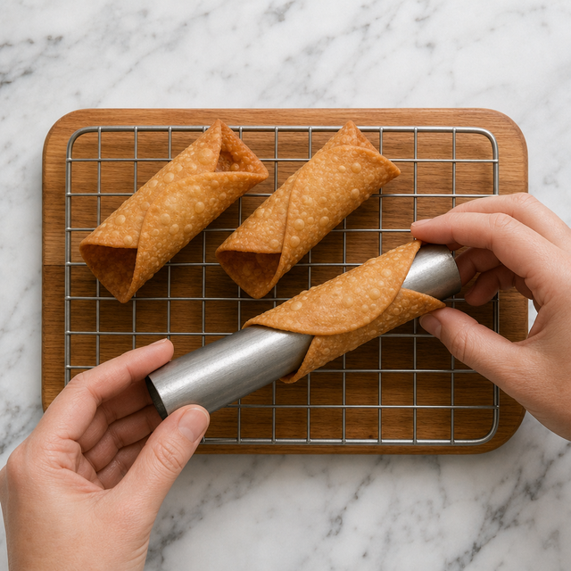 Crisp baked cannoli shell cooling after removal from its tube