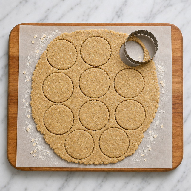 Round oatcakes being cut from rolled dough on parchment
