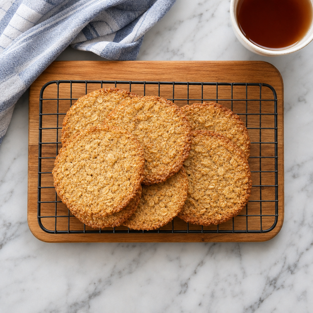 Golden Cape Breton oatcakes cooling on a wire rack