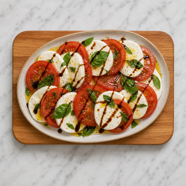 Caprese salad with tomatoes, fresh mozzarella, basil, olive oil, and balsamic glaze