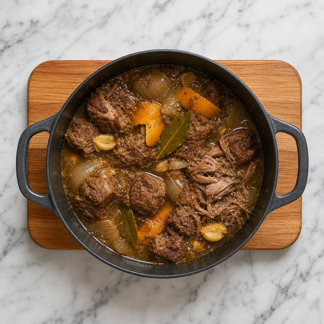 Pork shoulder simmering with orange, onion, garlic, and bay leaves