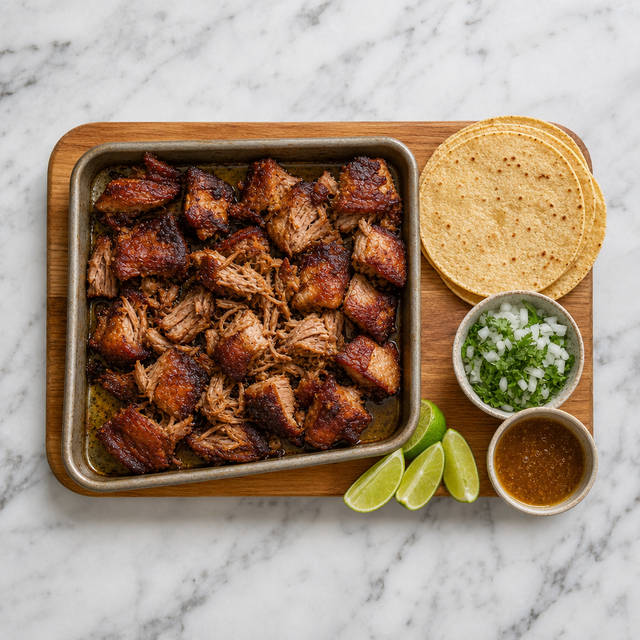 Crisp-edged carnitas served with tortillas, lime, cilantro, and onion