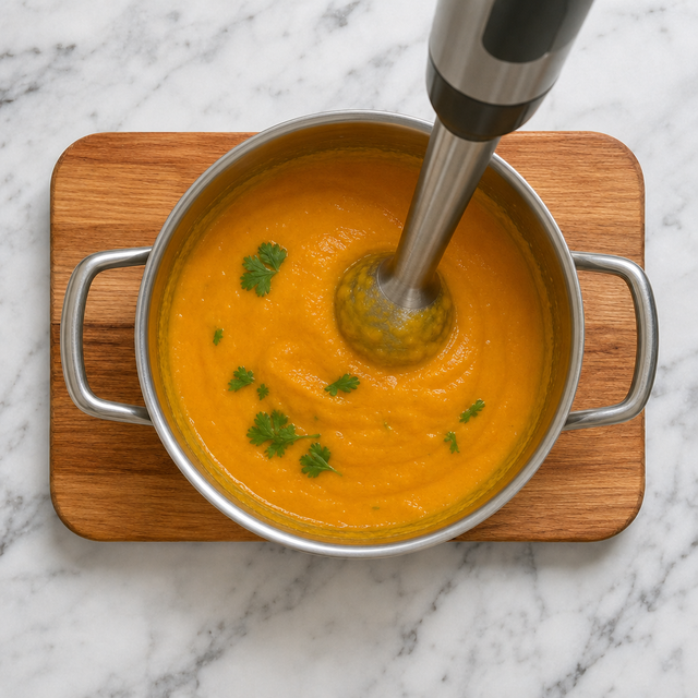 Bright orange carrot and coriander soup being blended until smooth