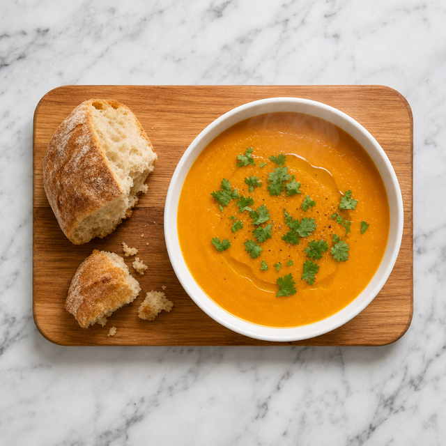 Silky carrot and coriander soup garnished with fresh coriander