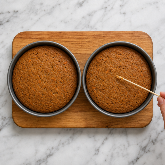 Golden carrot cake layers tested with a skewer for doneness.