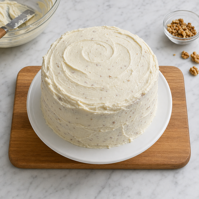 Two-layer carrot cake covered with cream cheese frosting on a cake stand.