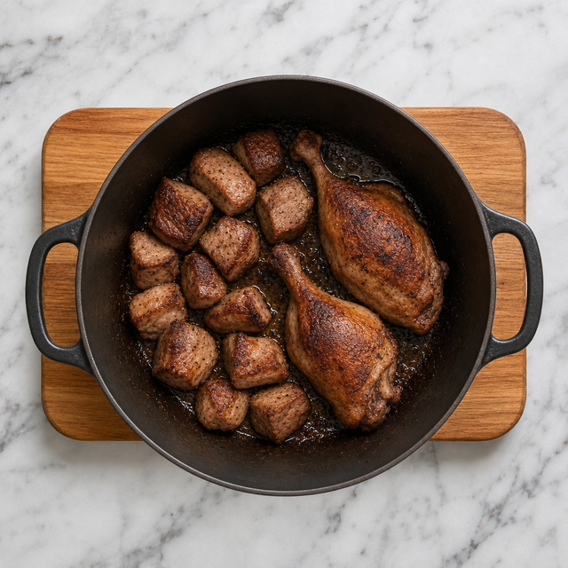 Pork and duck legs seared until deeply browned in a Dutch oven