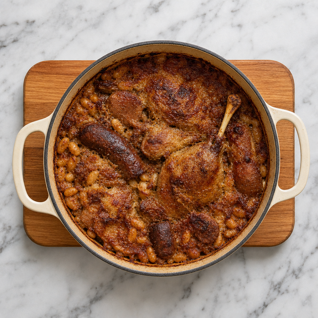 Cassoulet with a deeply browned crust over creamy white beans and meats