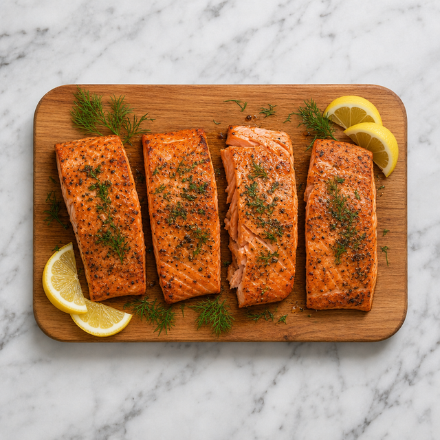 Finished cedar plank salmon with lemon wedges and fresh dill