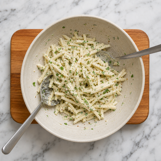 Celeriac matchsticks coated in creamy mustard dressing