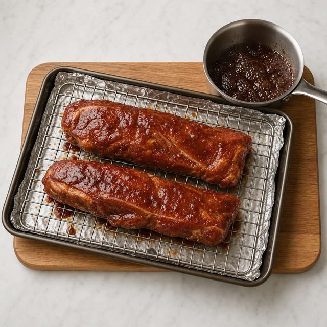 Marinated pork strips arranged on a wire rack over a foil-lined baking sheet