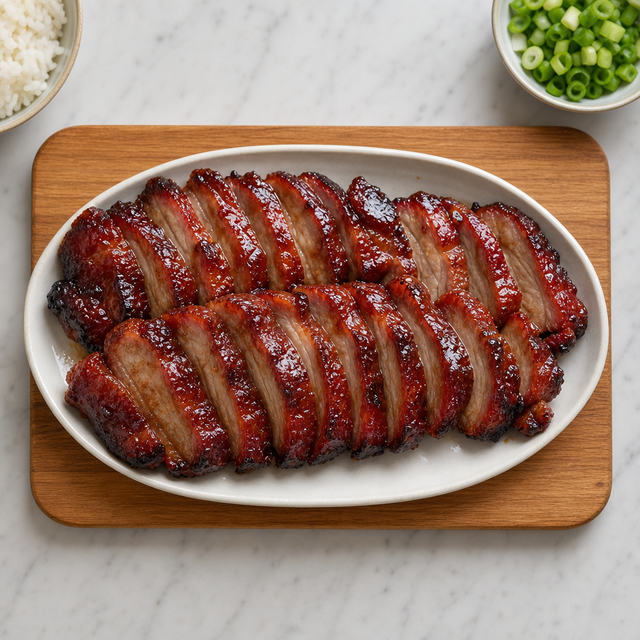 Glossy sliced char siu pork with caramelized edges