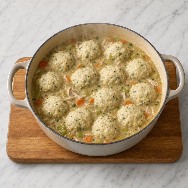 Fluffy parsley dumplings steaming over chicken stew